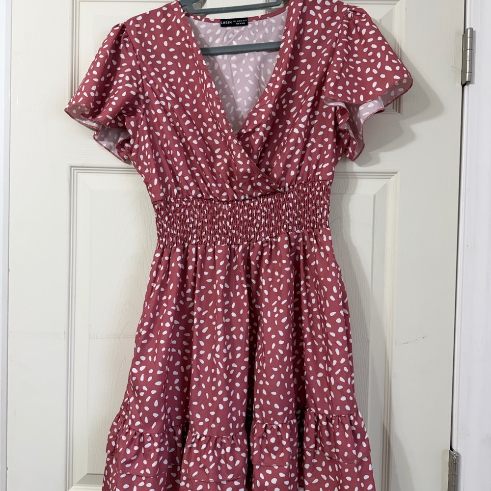 SHEIN Rose Pink Dot Shirred-Waist Flutter Sleeve Mini Dress
